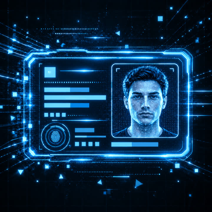 Illustration of a face mesh scan being converted into an identity record